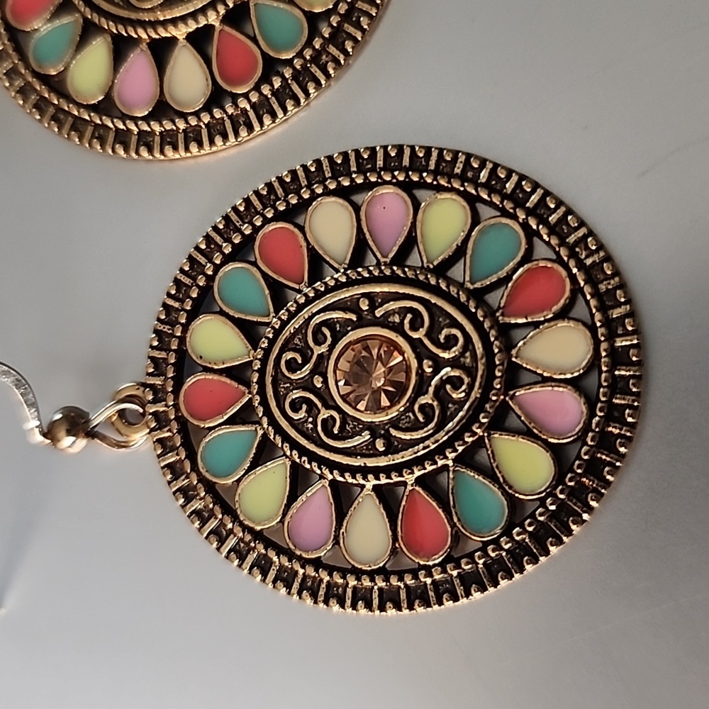 Boho ANTIQUE GOLD earrings Disc GEMSTONE - Picture 2 of 3